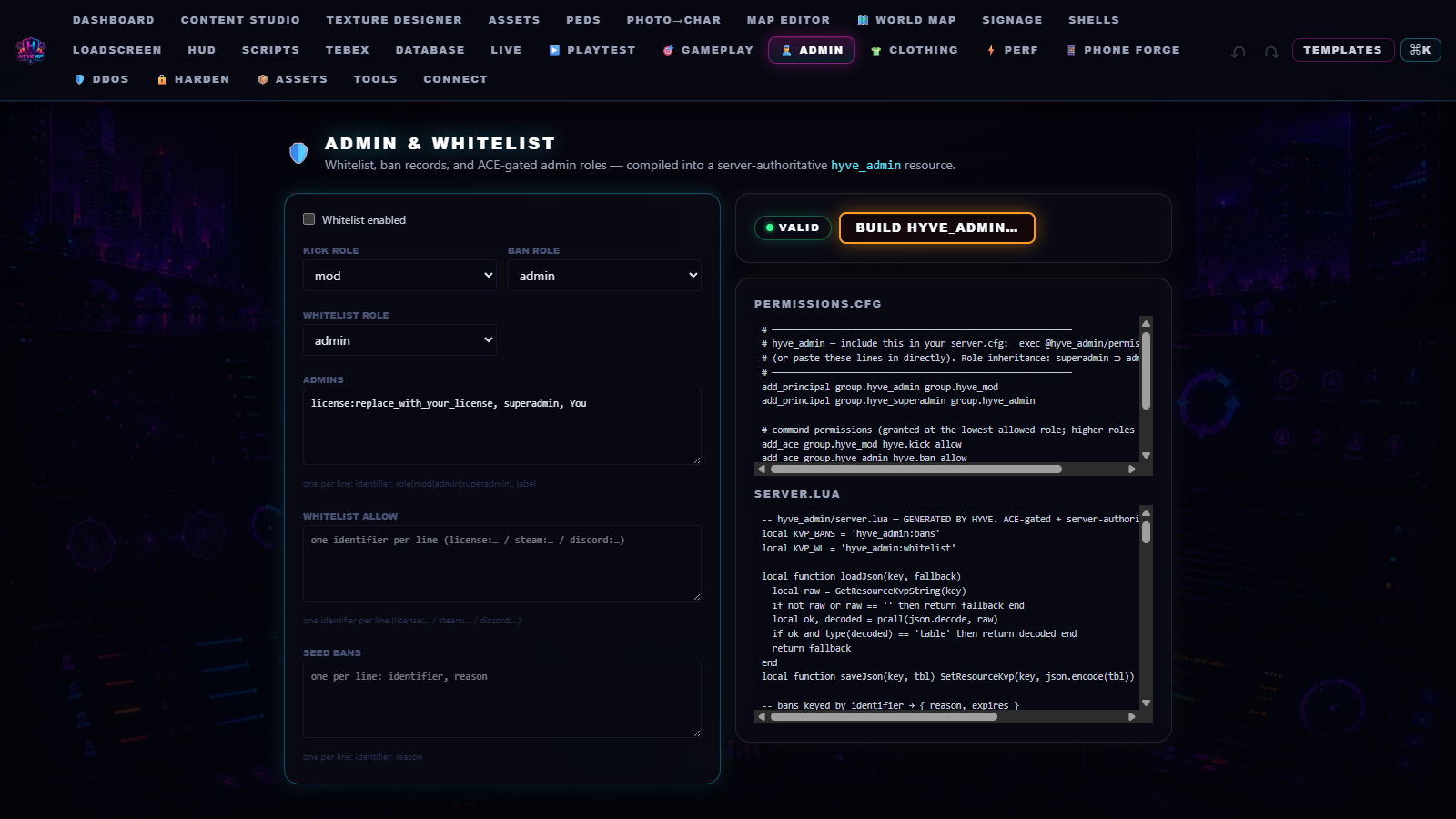 HYVE Admin & Whitelist — bans, ACE roles, and whitelist compiled into a server-authoritative hyve_admin resource