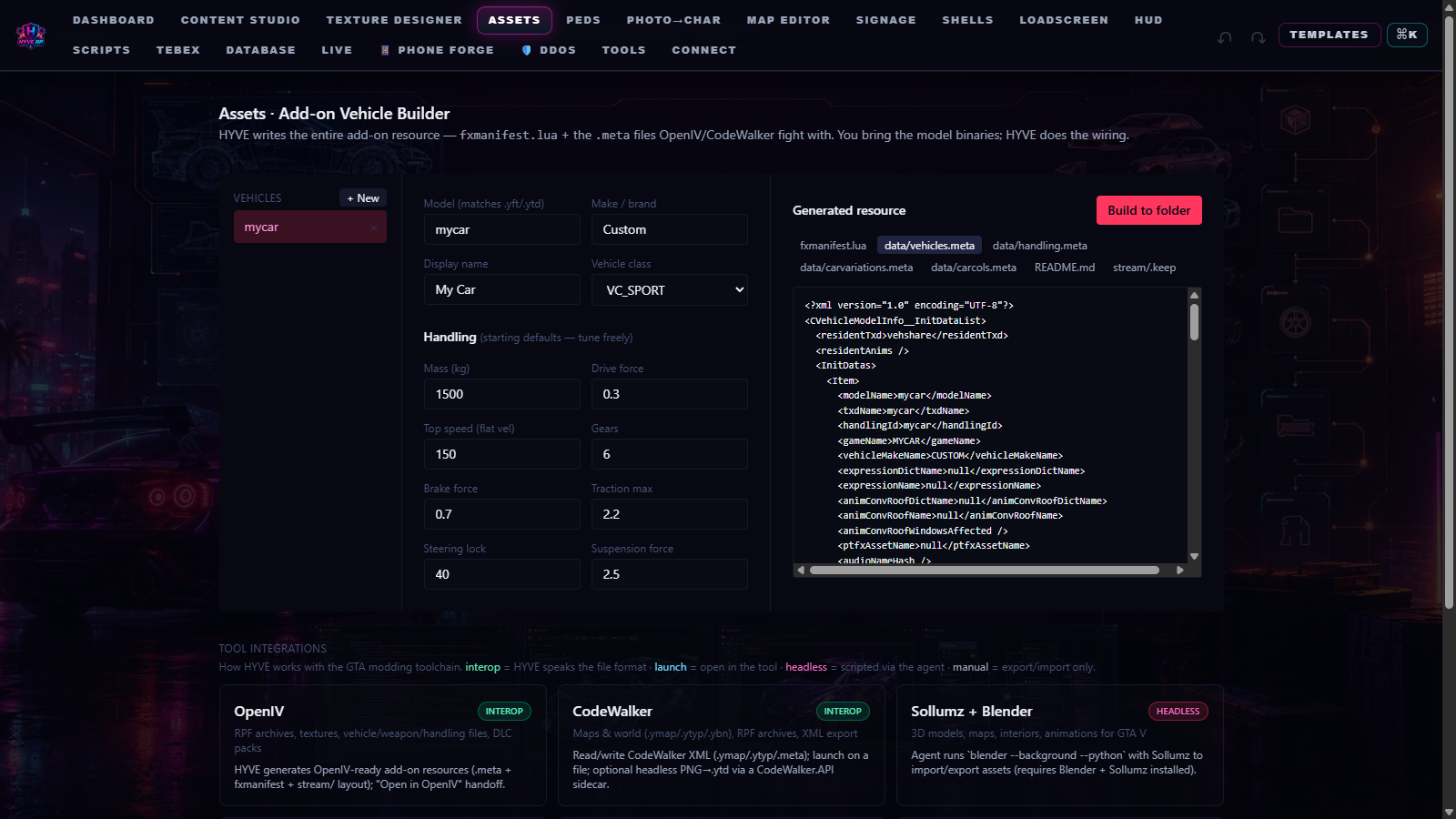 HYVE reading an existing FiveM server — assets imported, ready to edit