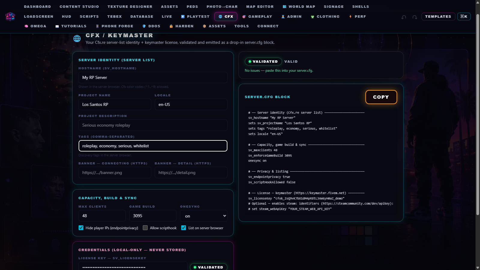 HYVE CFX / Keymaster — validates your keymaster sv_licenseKey and Cfx.re server-list identity (hostname, tags, locale, OneSync, privacy) and emits the matching server.cfg block
