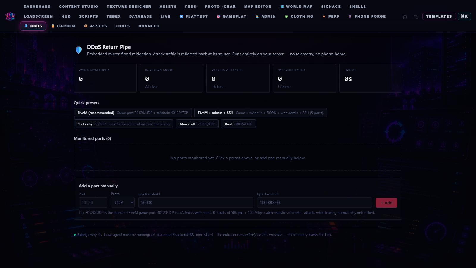 HYVE OVERLORD Defense Center inside the app — the DDoS Return Pipe with protected ports, one-click presets, and live thresholds