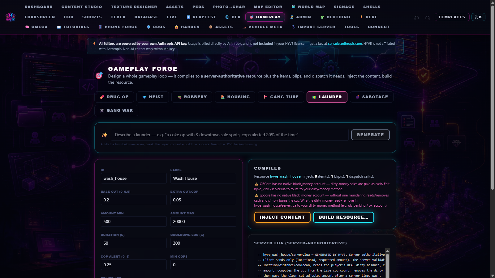 HYVE Gameplay Forge — design a drug op, heist, robbery, housing, gang-turf, money-laundering, sabotage, or wagered gang-war system and compile a server-authoritative resource