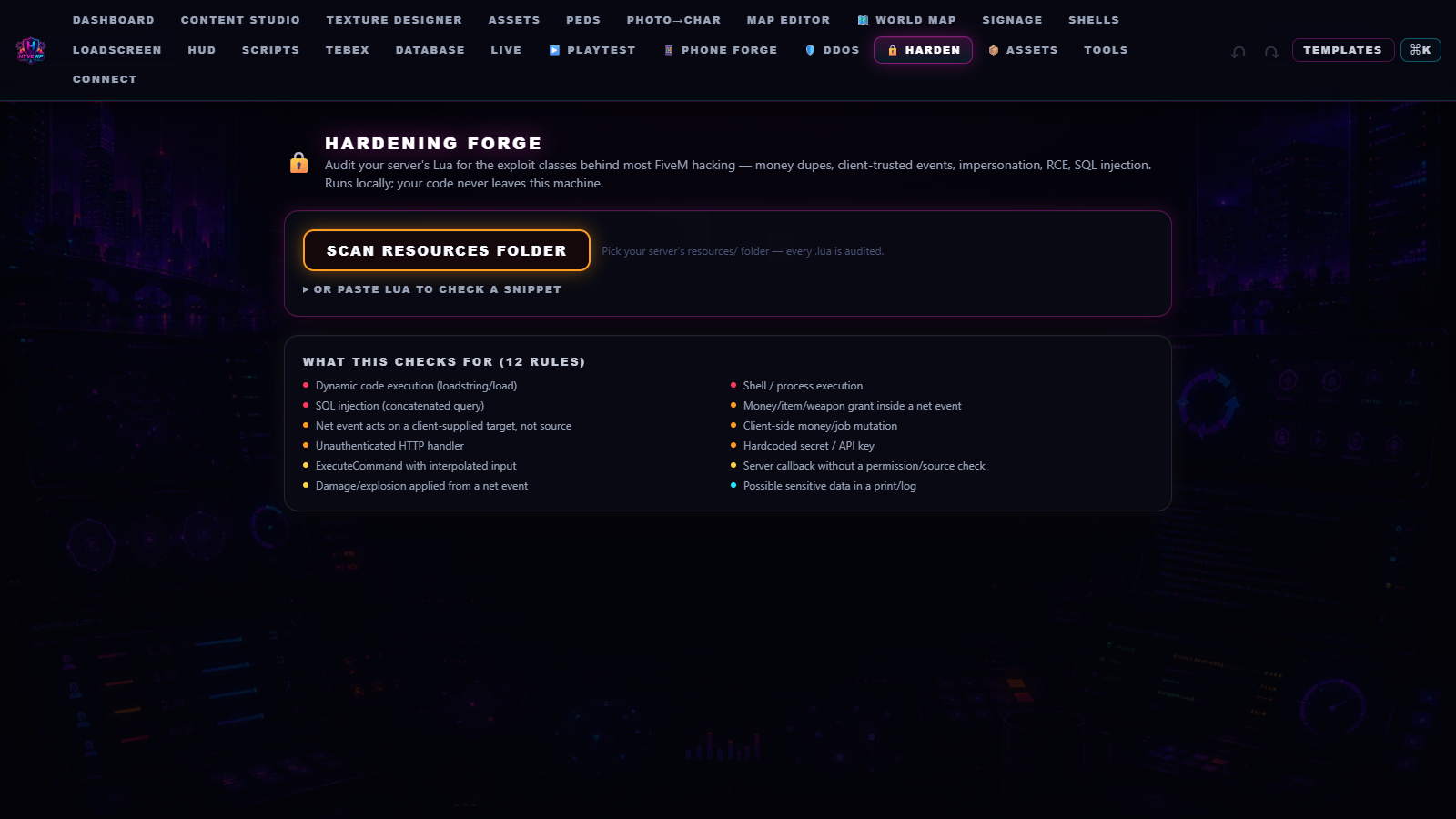 HYVE Hardening Forge — audits server Lua for exploit classes with the attack and the fix for each finding