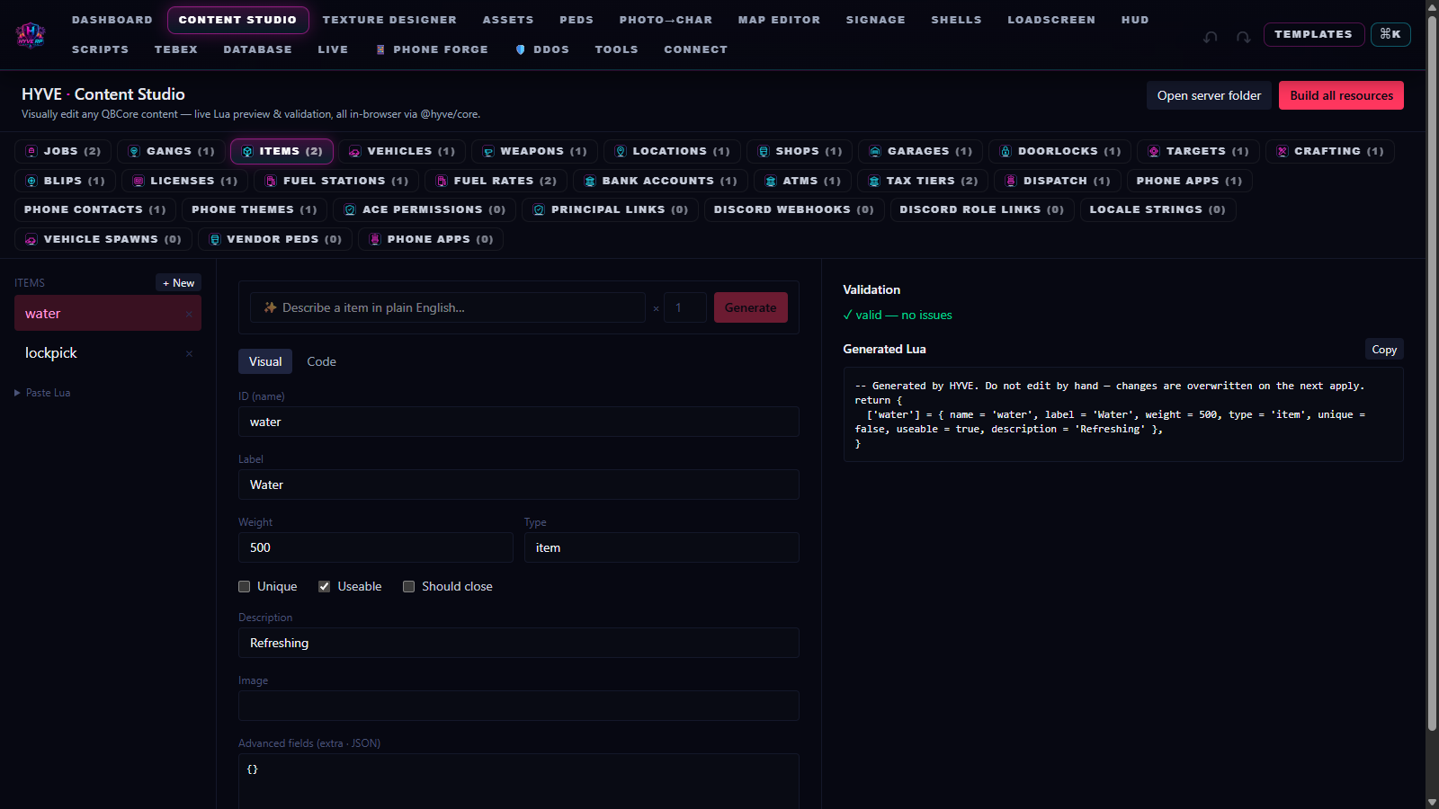 HYVE Studio — items editor (vehicles use the same layout)