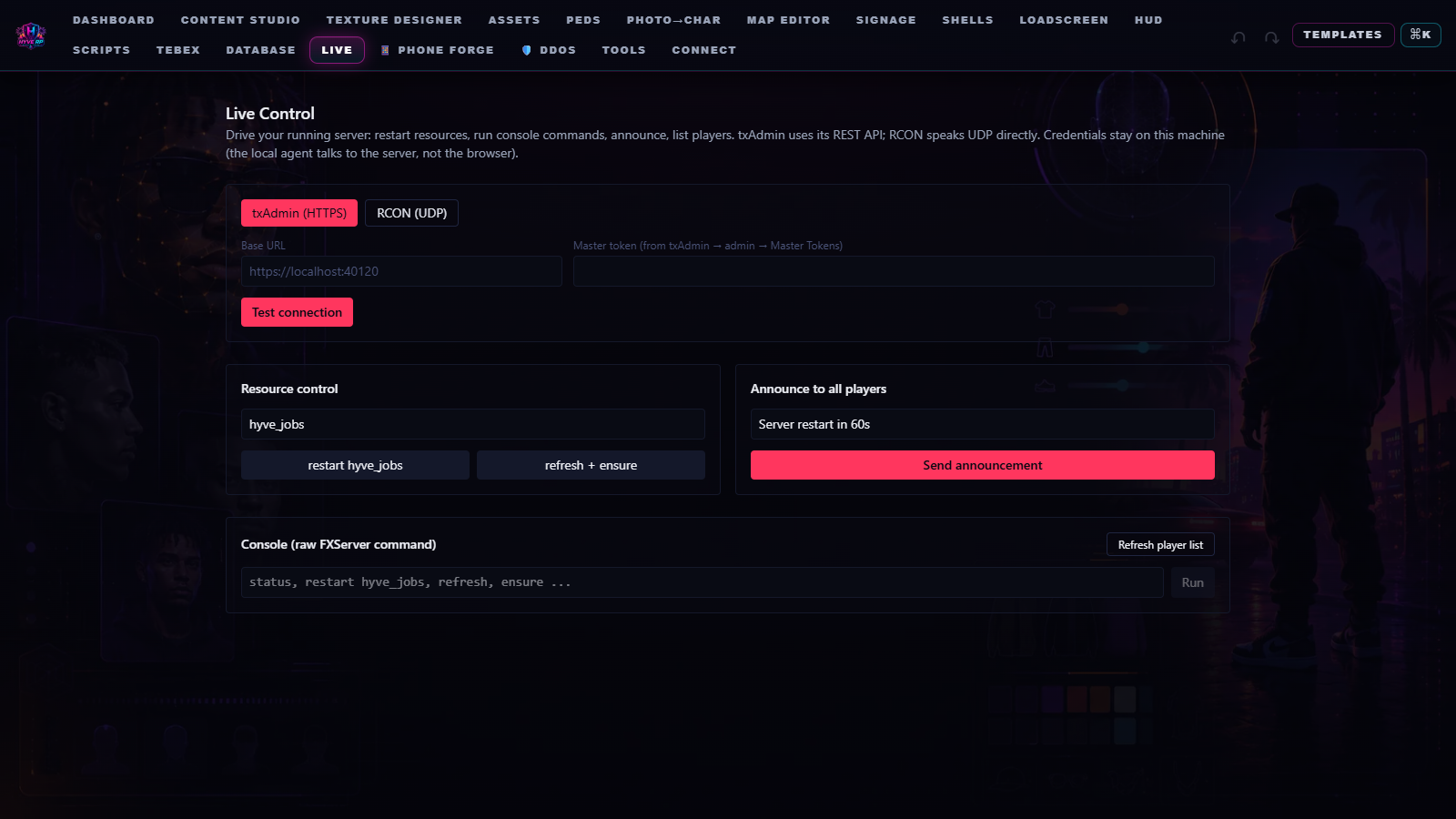 HYVE Live control — drive a running FiveM server via txAdmin or RCON