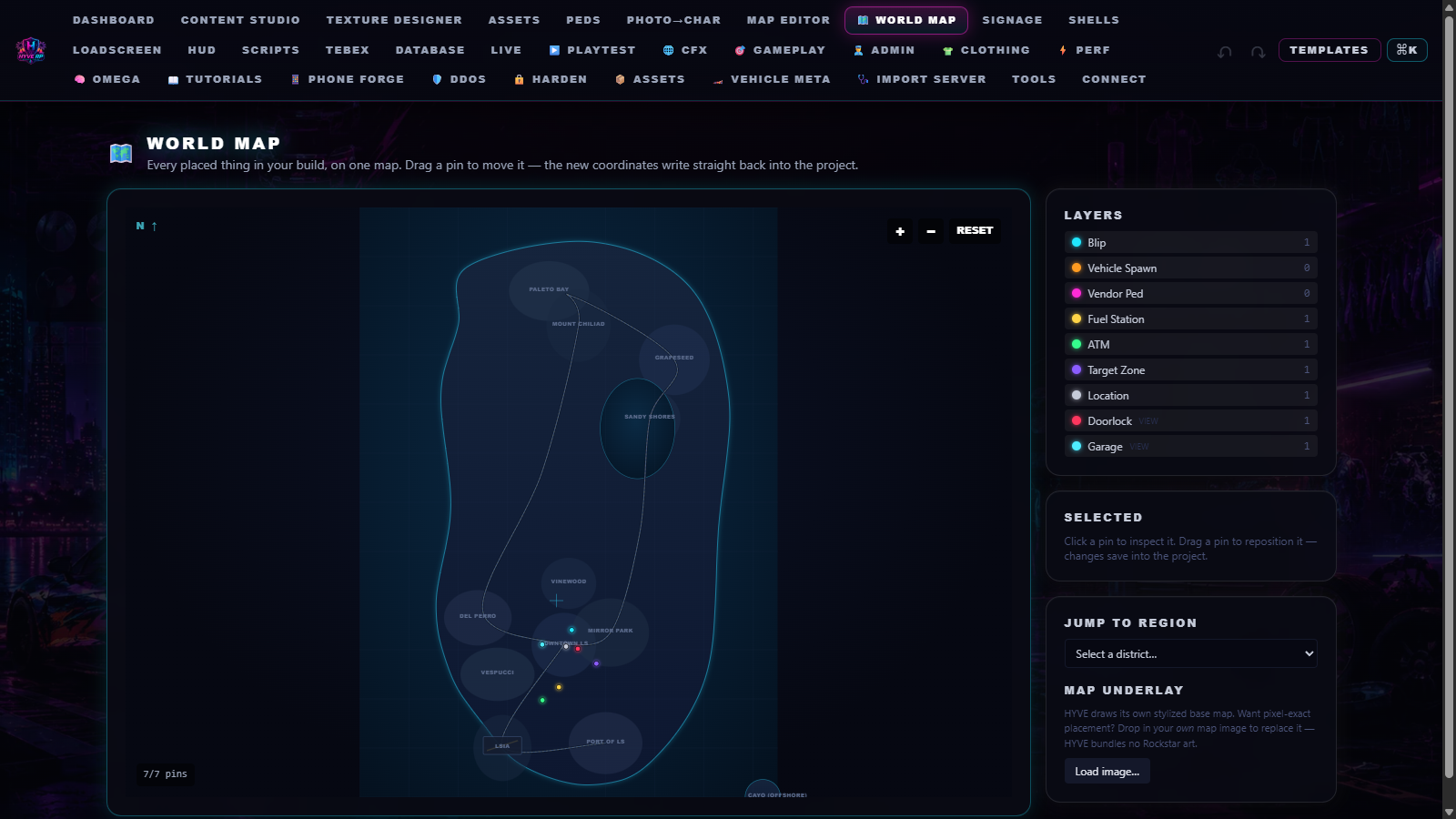 HYVE World Map — every placed content item plotted on a Los Santos coordinate canvas, draggable to reposition