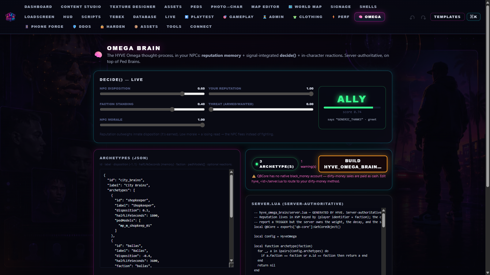 HYVE Omega Brain — NPCs with persistent reputation memory and a server-authoritative decide() stance engine, shown in the live decide simulator