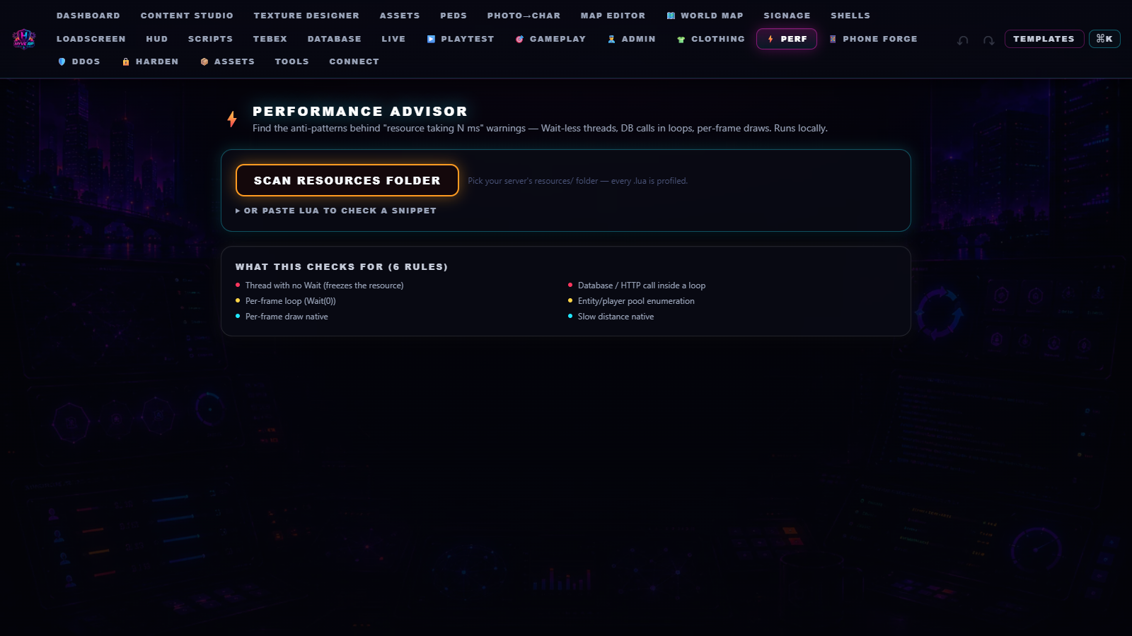 HYVE Performance Advisor — scans server Lua for performance anti-patterns