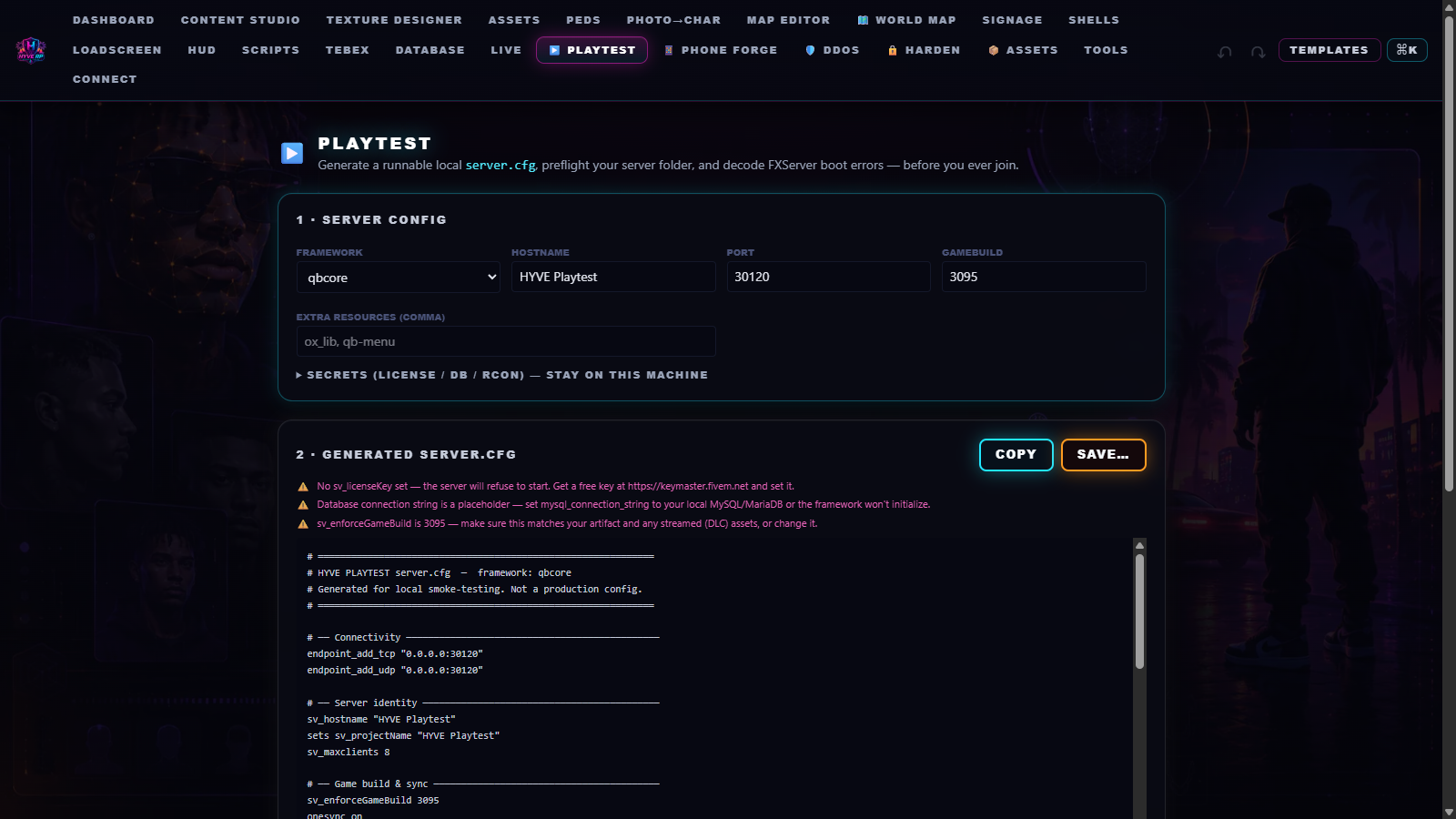 HYVE Playtest — generates a runnable server.cfg, preflights the server folder, and decodes FXServer boot errors