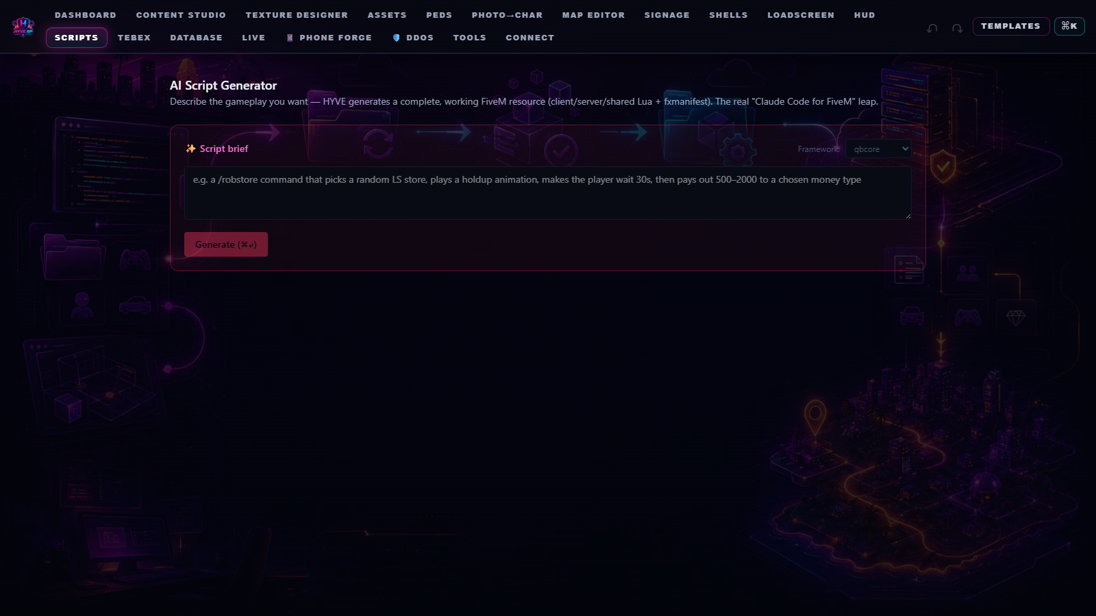 HYVE AI Script Generator UI — describe a gameplay system, get back a complete FiveM Lua resource