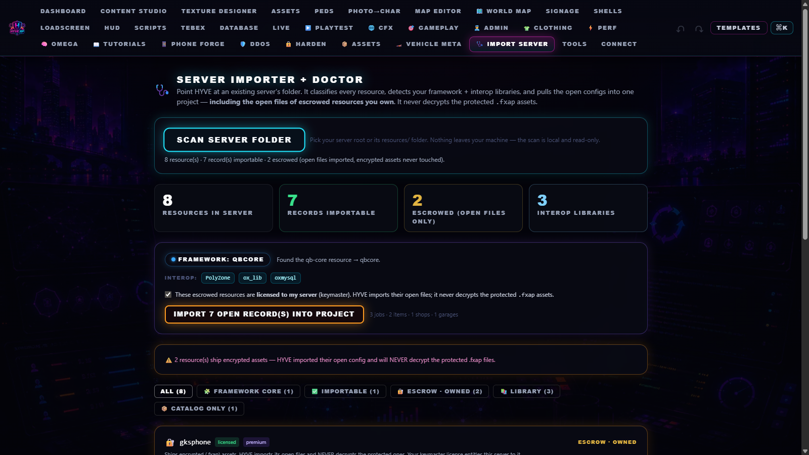 HYVE Server Importer and Doctor — scans an existing FiveM server folder, detects the framework and interop libraries, classifies every resource, imports the open configs (including owned escrowed resources) and never decrypts protected .fxap assets