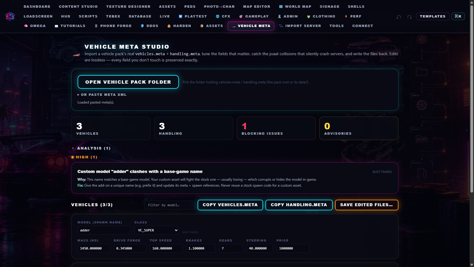 HYVE Vehicle Meta Studio — import a vehicle pack's vehicles.meta and handling.meta, edit mass/power/brakes/gears/price, catch joaat collisions, and write the files back losslessly